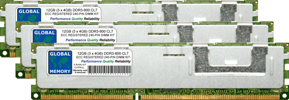 12GB (3 x 4GB) DDR3 800MHz PC3-6400 240-PIN ECC REGISTERED DIMM (RDIMM) MEMORY RAM KIT FOR SUN SERVERS/WORKSTATIONS (6 RANK KIT CHIPKILL)